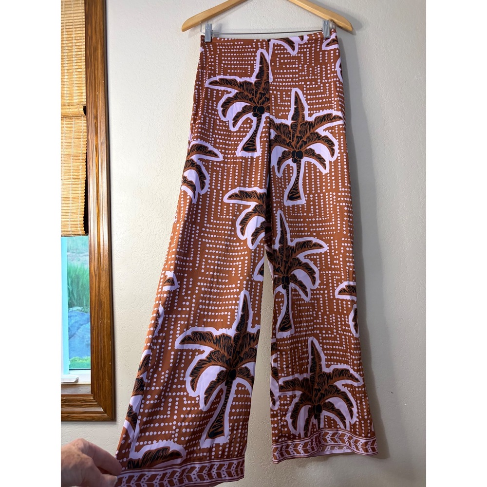Joie Womens XS Palm Tree Print Wide Leg Pants Terracotta Lavender Tropical Boho